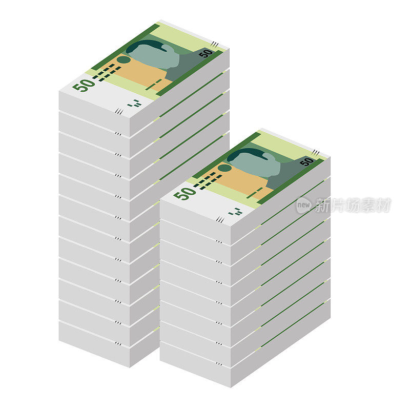 摩洛哥Dirham矢量插图。摩洛哥，休达，梅利利亚，西班牙货币集捆绑钞票。纸币50 MAD。平的风格。孤立在白色背景上。简单的最小设计。